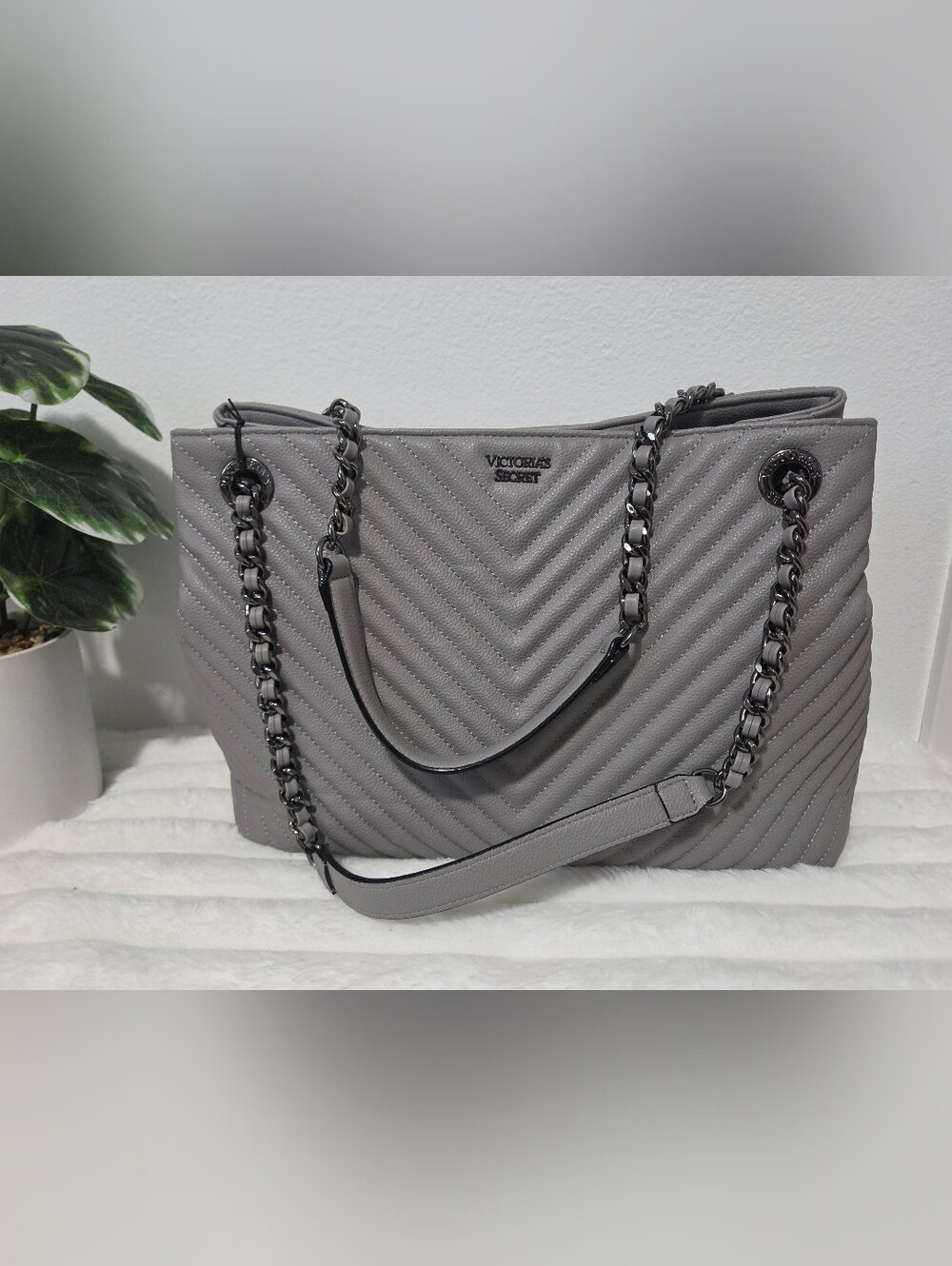 Victoria's Secret Gray Quilted Tote Bag with Chain Straps